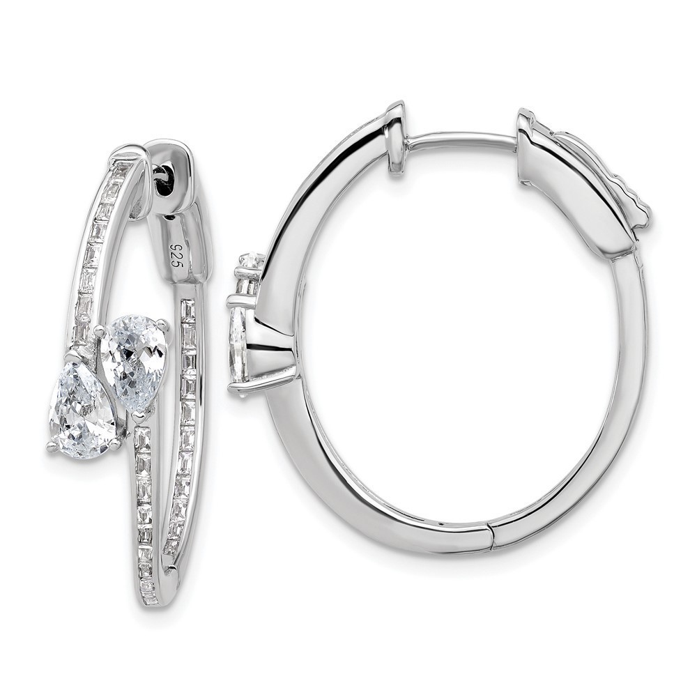 925 Sterling Silver Rhodium-plated CZ 62 Stone In and Out Hinged Hoop Earrings